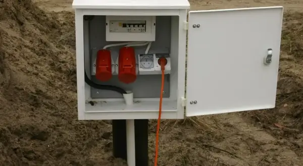Skrzynka elektryczna na działce bez domu, gotowa do podłączenia prądu. Widoczne bezpieczniki, gniazda i pomarańczowy kabel.