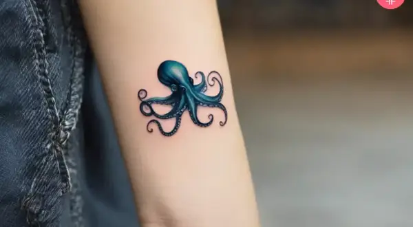 Un pulpo azul vibrante, un ejemplo de tatuaje microrealismo, se posa en un brazo.