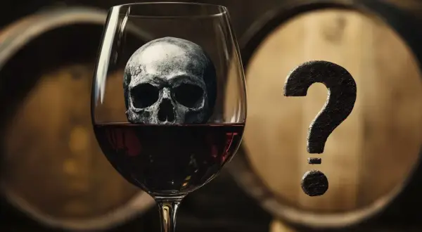 Un crâne dans un verre de vin rouge, avec un point d'interrogation à côté. Un vin bouchonné dangereux ?