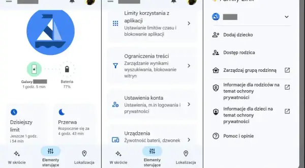 Ekran aplikacji Family Link. Widoczne opcje: Limity korzystania z aplikacji, Ograniczenia treści, Ustawienia konta, Urządzenia. Można tu zarządzać ustawieniami, aby dowiedzieć się, jak wyłączyć Family Link.