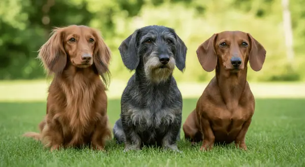 Tres perros teckel sentados en el césped. A la izquierda, un teckel de pelo largo color canela. En el centro, un teckel de pelo duro gris. A la derecha, un teckel de pelo liso color marrón rojizo.