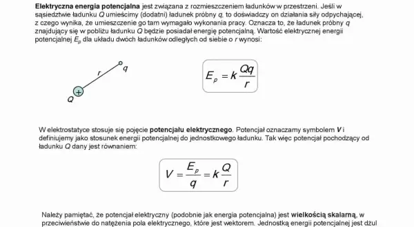 Ilustracja pokazuje dwa ładunki, Q i q, oraz wzory na energię potencjalną i potencjał elektryczny.