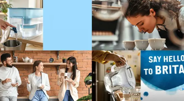 En kvinna häller vatten från en Brita-kanna, som minskar vatten hårdhet. Bilden visar också människor som dricker kaffe och en kvinna som doftar på kaffebönor.