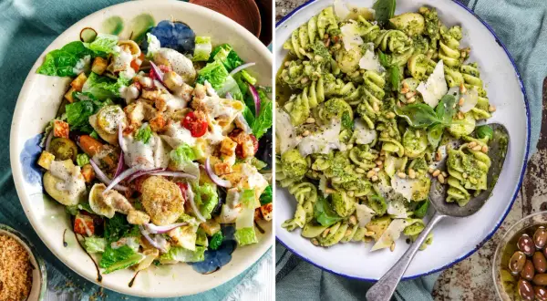 Två läckra pastasallad recept: en med kyckling och krutonger, den andra med pesto, pinjenötter och parmesan.