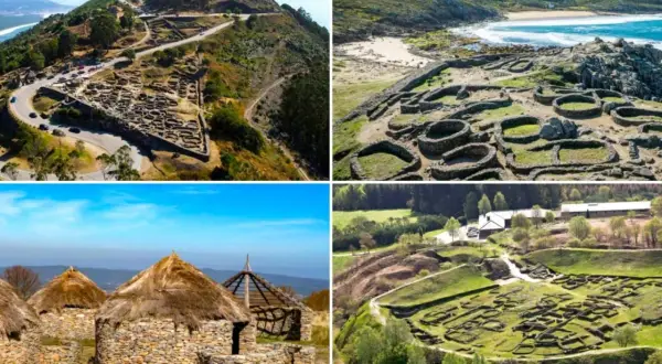 Vistas de castros gallegos, ruinas circulares de piedra y cabañas con tejados de paja, en paisajes costeros y montañosos.