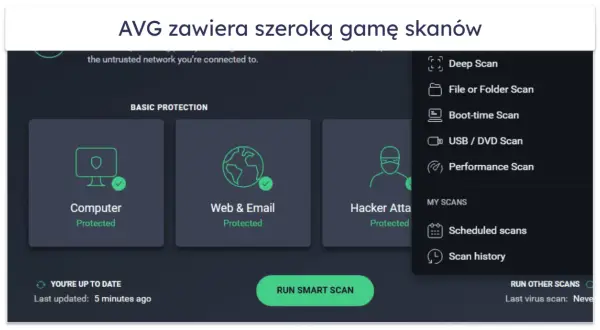Interfejs programu avast free oferuje różne opcje skanowania, w tym skanowanie głębokie, plików, podczas rozruchu, USB/DVD oraz optymalizację.