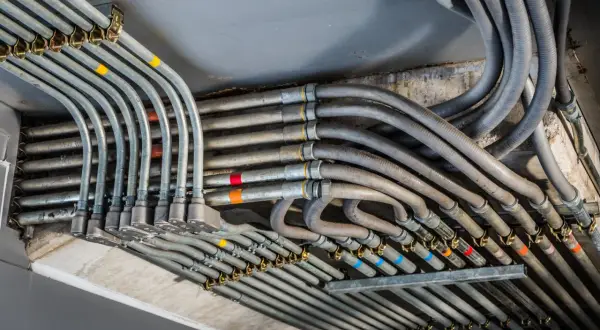 Plątanina metalowych i plastikowych peszli z kolorowymi oznaczeniami, biegnących pod sufitem.