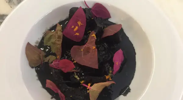 Un plat de ragout de seiche à l'encre noire, garni de pétales de fleurs séchées et d'une touche d'agrume.