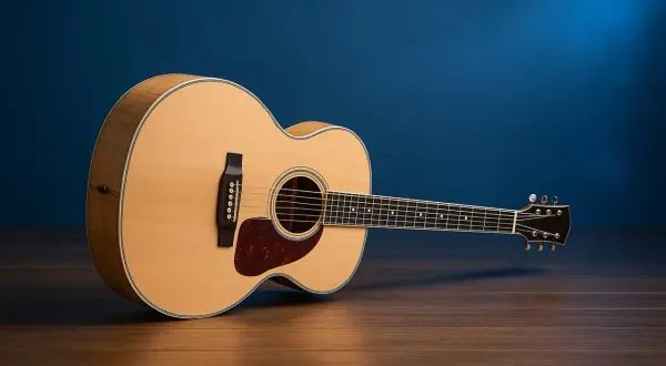 Piękna gitara akustyczna z jasnego drewna, gotowa do tworzenia muzyki.