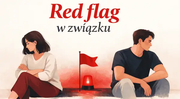 Para siedzi odwrócona od siebie, z czerwoną flagą i syreną między nimi. To największe czerwone flagi u faceta, które mogą zwiastować problemy w związku.