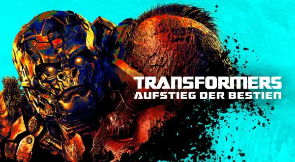 Ein Roboter mit leuchtenden Augen und ein gorillaähnliches Wesen im Film "Transformers: Aufstieg der Bestien".