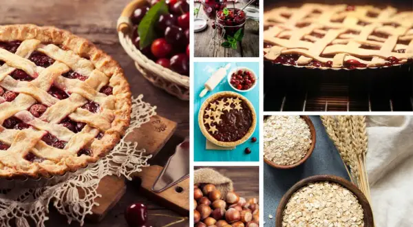 Landfrauen-Rezept: köstliche Kirschkuchen-Zutaten wie Kirschen, Nüsse und Haferflocken für ein Linzertorte Rezept.