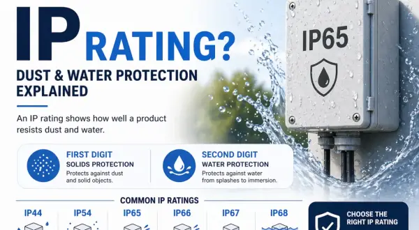 Explication du signification IP53 : protection contre la poussière et les jets d'eau. Boîtier gris IP65 sous la pluie.