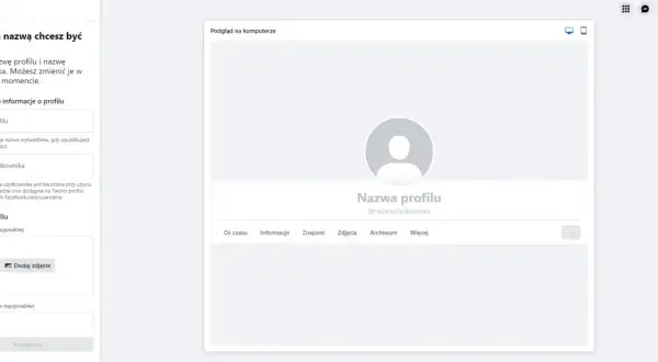 Tworzenie nowego profilu na Facebooku: wpisz nazwę profilu i nazwę użytkownika, dodaj zdjęcie w tle i profilowe. Podgląd na komputerze.