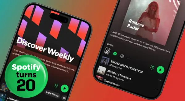 Two phones display Spotify playlists: "Discover Weekly" and "Release Radar." A green circle celebrates "Spotify turns 20.