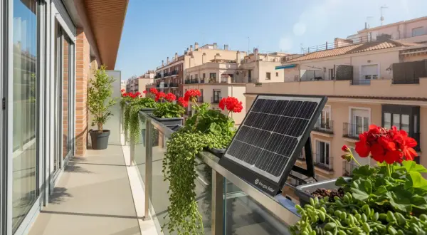 Balcón con plantas rojas y verdes, y una placa solar sin legalizar.