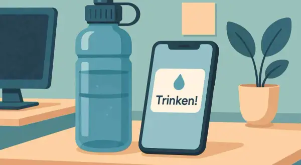 Eine Wasserflasche und ein Smartphone mit der Aufschrift "Trinken!" stehen auf einem Schreibtisch. Perfekt für das Trinken beim Joggen.