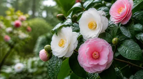 Fleurs de camélia roses et blanches épanouies dans une plantation. Les feuilles vertes et humides entourent les bourgeons.