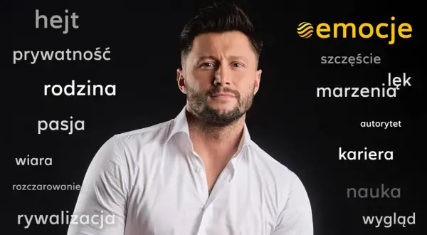 Mężczyzna w białej koszuli na czarnym tle, otoczony słowami: wiara, rodzina, pasja, emocje.
