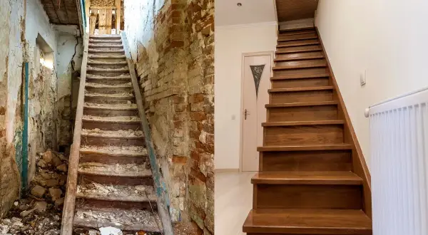 Vorher-Nachher-Vergleich: Eine verfallene Holztreppe wurde erfolgreich renoviert und erstrahlt nun in neuem Glanz.