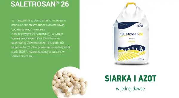 Saletrosan 26 to nawóz z 26% azotu i 13% siarki, idealny dla roślin. Opakowanie 500 kg.