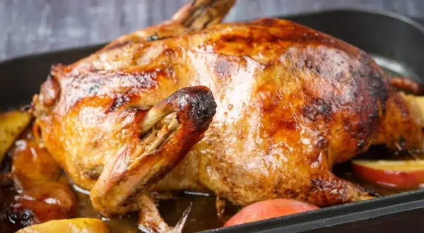 Goldbraune Ente mit Äpfeln im Bräter, perfekt gegart mit Umluft oder Oberhitze.
