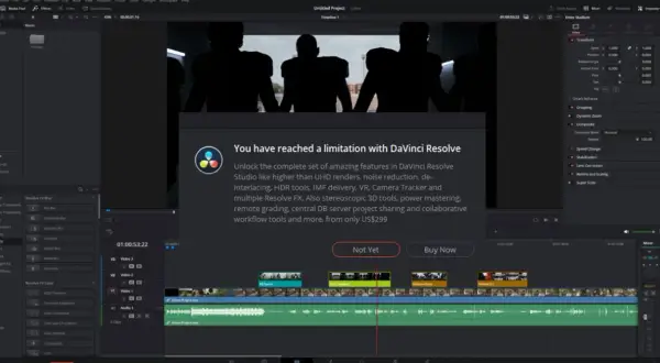 DaVinci Resolve free vs paid: A pop-up shows limitations in the free version, prompting an upgrade to unlock advanced features for US$299.
