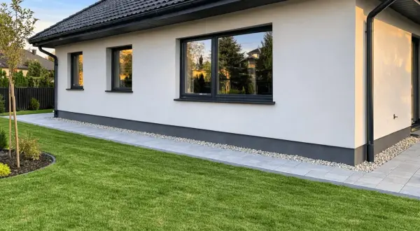 Nowy dom z zadbanym trawnikiem i ścieżką z płyt. Opaska wokół domu z kamyczków chroni elewację.