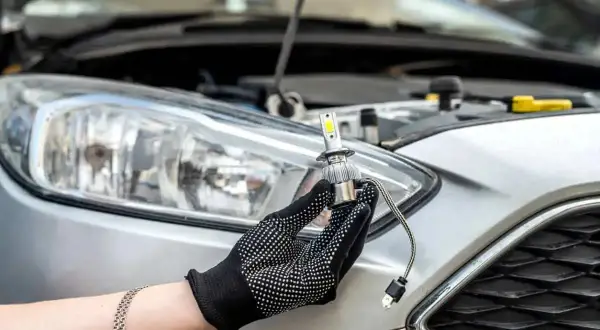 Ręka w rękawiczce trzyma nową żarówkę LED do wymiany przedniego reflektora w Peugeot 207.
