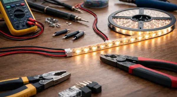 Narzędzia do elektryki i taśma LED na drewnianym blacie. Multimetr, lutownica, szczypce i złączki pokazują, jak podłączyć ledy do zasilacza.
