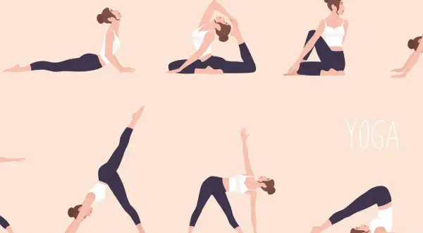 Illustrazione di donne che praticano diversi esercizi di hatha yoga, mostrando flessibilità e calma.