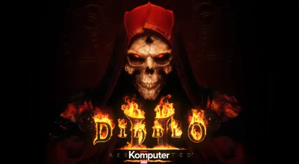 Diablo II Resurrected: przerażająca czaszka w czerwonym kapturze, płomienie i mroczne symbole.
