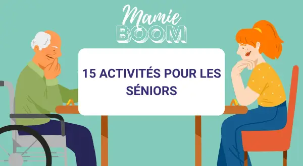 Un homme en fauteuil roulant et une jeune femme pensifs, devant un panneau "15 activités pour les seniors", suggérant la stimulation cognitive.