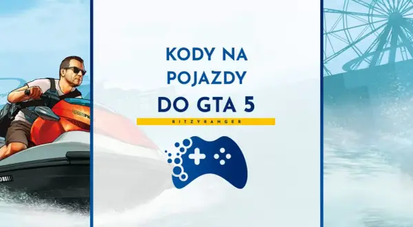 Kody na pojazdy do GTA 5. Mężczyzna na skuterze wodnym, obok symbol pada do gier.