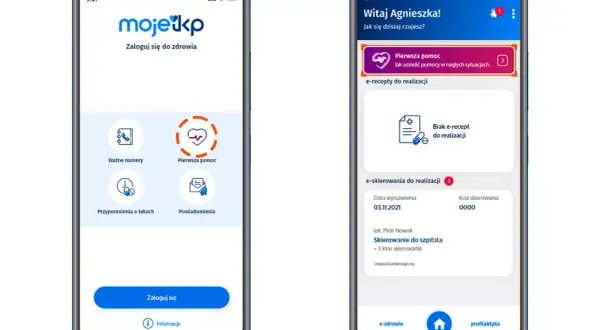 Aplikacja "mojeIKP" pokazuje, jak sprawdzić czy jestem ubezpieczony. Widoczne są ekrany logowania i panelu głównego z informacjami o e-receptach i skierowaniach.