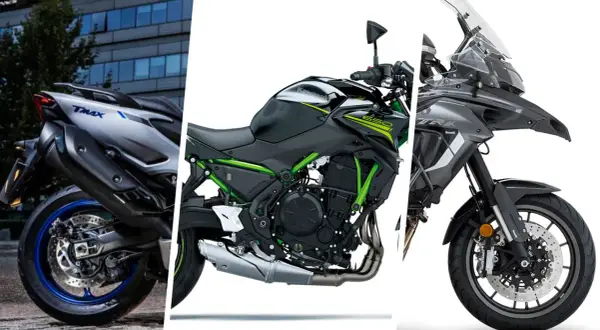 Tres motos: una Yamaha TMAX, una Kawasaki Z650 y una Benelli TRK. La Kawasaki Z650, con su motor de 650cc, es ideal para el carnet A2.