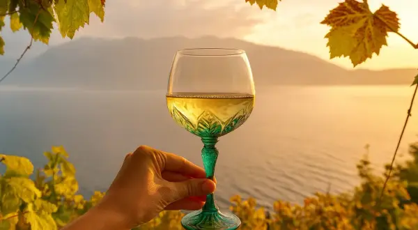 Ein Glas Lugana Wein, dessen Herkunft man am Gardasee vermutet, vor malerischer Kulisse bei Sonnenuntergang.
