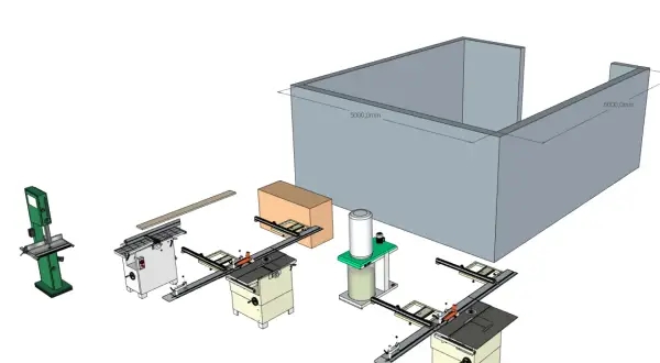 Plan d'atelier avec scie à ruban, toupie Felder, dégauchisseuse, et autres machines pour le travail du bois.