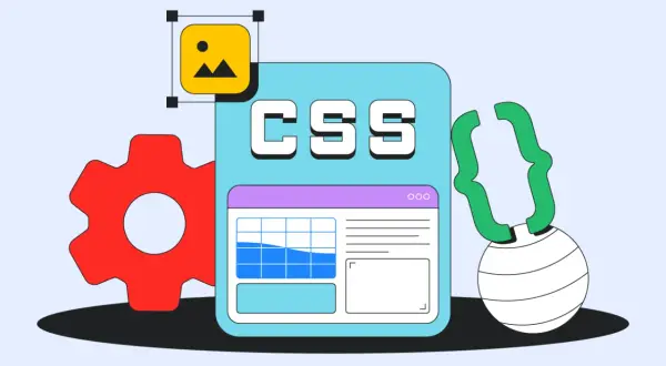 Icône d'image, engrenage rouge, fenêtre avec "CSS" et un tableau, et accolades vertes. Illustration du code CSS.