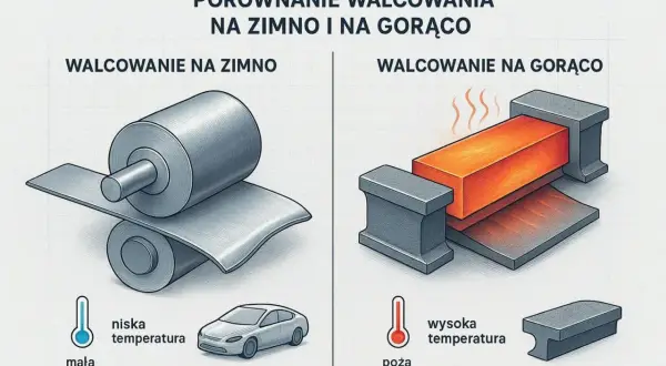 Porównanie walcowania blachy na zimno (niska temp., mała grubość, wysoka jakość) i na gorąco (wysoka temp., duża grubość, chropowata powierzchnia).