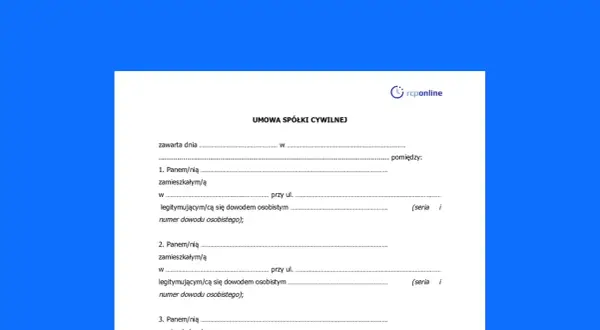 Formularz umowy spółki cywilnej, zawierający dane osób tworzących reprezentację spółki cywilnej.