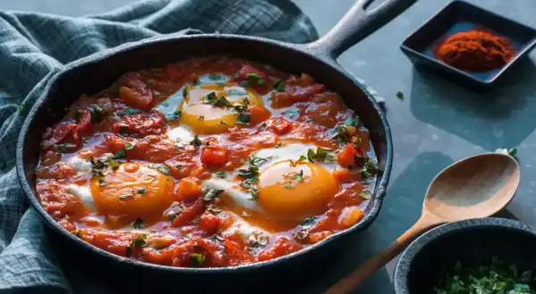 Œufs pochés dans une sauce tomate épicée, parfaits pour une recette de chakchouka maison.