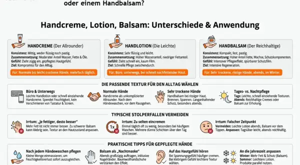 Handcreme, Lotion, Balsam: Unterschiede & Anwendung. Tipps für die richtige Pflege, auch zum Handcreme selber machen.