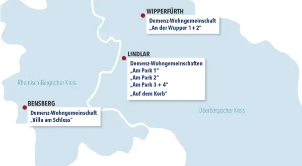 Karte zeigt Demenz-Wohngemeinschaften in Wipperfürth, Lindlar und Bensberg. Informieren Sie sich über Veranstaltungen heute im Oberbergischen Kreis.