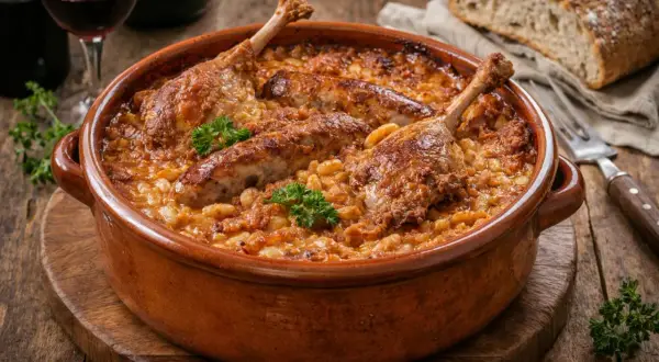 Un plat de cassoulet maison, riche et savoureux, avec des confits de canard et des saucisses, servi dans une cocotte en terre cuite.