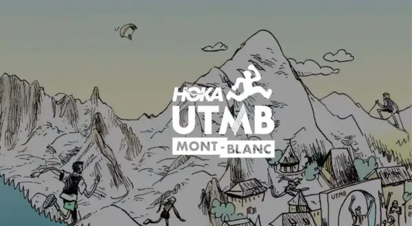 Dessin stylisé de coureurs et d'un parapentiste dans un paysage montagneux, avec le logo UTMB Mont-Blanc. Le nombre de participants à l'UTMB est impressionnant.