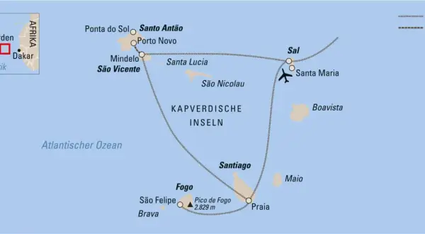 Karte der Kapverdischen Inseln mit Routen für Flug und Schiff. Ideal für Kapverden Backpacking.