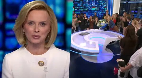 Gwiazda TVN, która ogłosiła odejście ze stacji po kilkunastu latach, żegna się z zespołem. Widać ją na ekranie obok sceny pożegnania z bukietem kwiatów.
