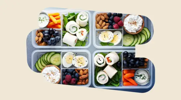 Vorbereitete Lunchboxen mit Wraps, Eiern, Beeren, Nüssen, Karotten und Gurken – perfekt für gesunde Snacks zum Mitnehmen.