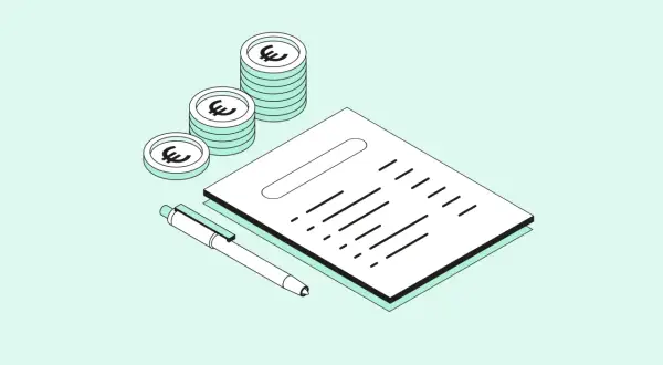 Stapel Euro-Münzen neben einem Dokument und Stift, bereit für den Handelsregister Eintrag.